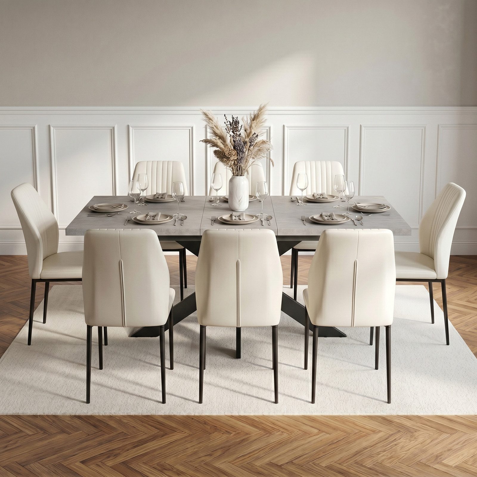 Jiexi Essgruppe Tisch-und Stuhlset, Ausziehbarer Esstisch (160–200 cm) mit 6-8 Stühlen