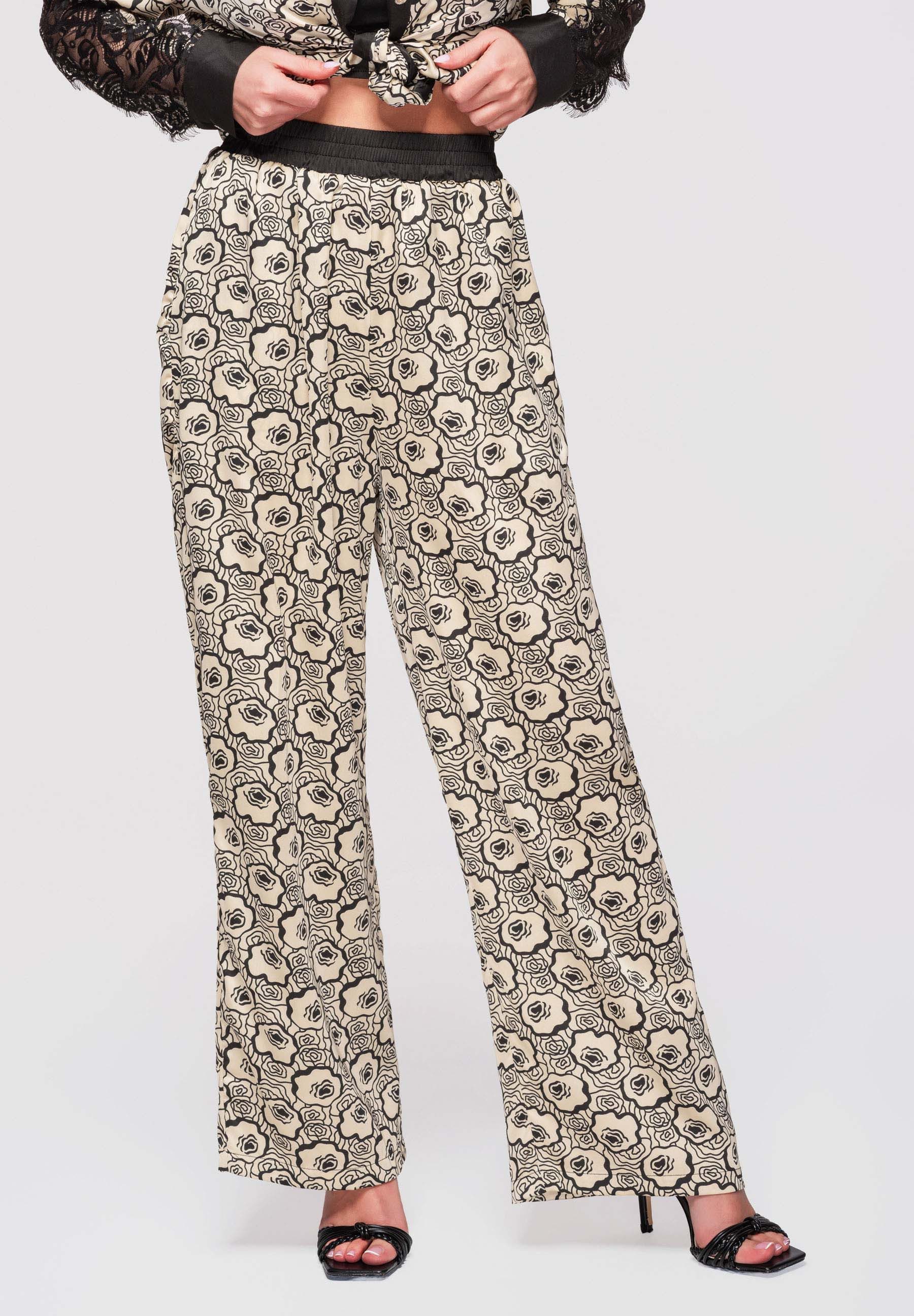 OMBRE Palazzohose Damen Palazzo-Hose Weites Bein Allover-Druck Beige S/M (kein Set, 1-tlg) Allover-Druck