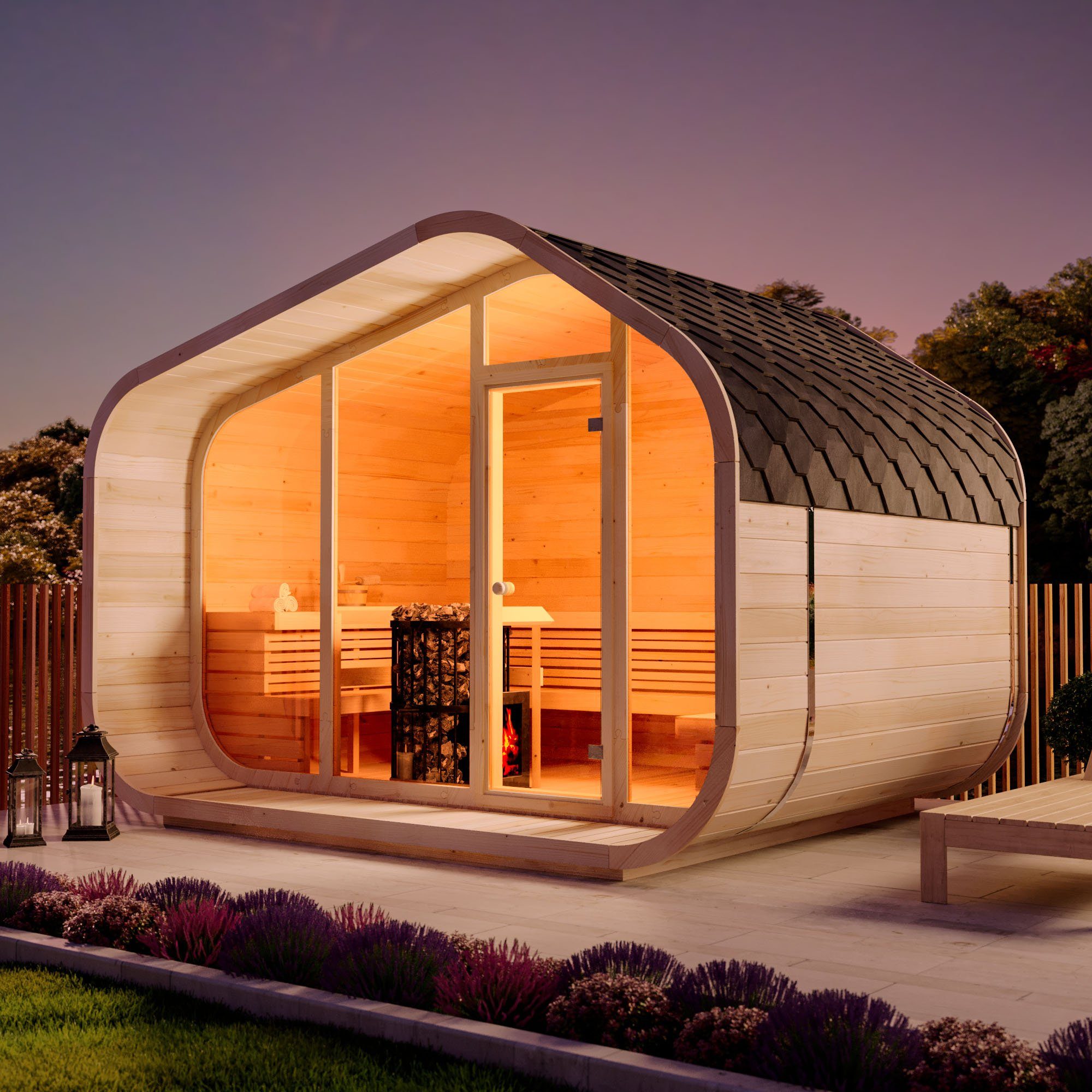 FinnTherm Fasssauna ScandiCube Wave Premium, BxTxH: 380 x 286 x 264 cm, 42 mm, in Naturbelassen