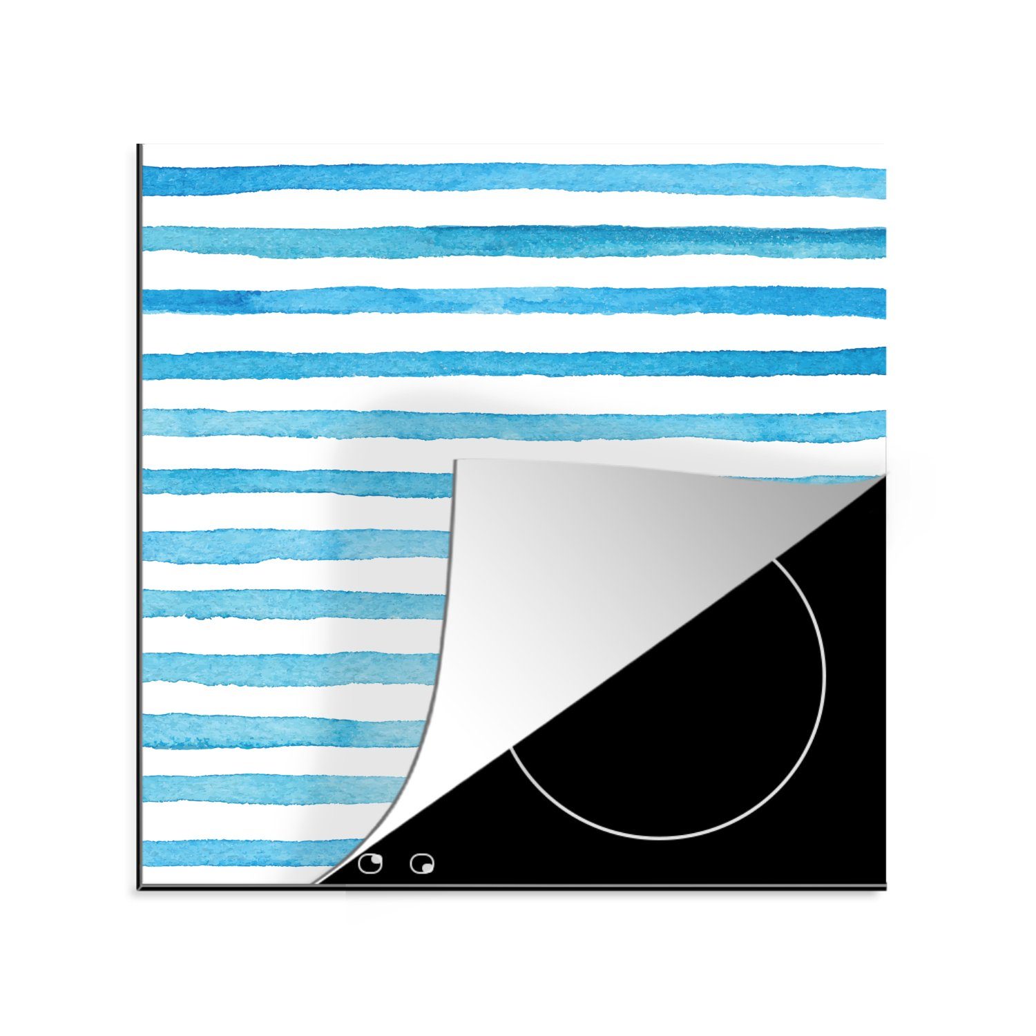 MuchoWow Herdblende-/Abdeckplatte Aquarell - Blau - Streifen, Vinyl, (1 tlg), 78x78 cm, Ceranfeldabdeckung, Arbeitsplatte für küche
