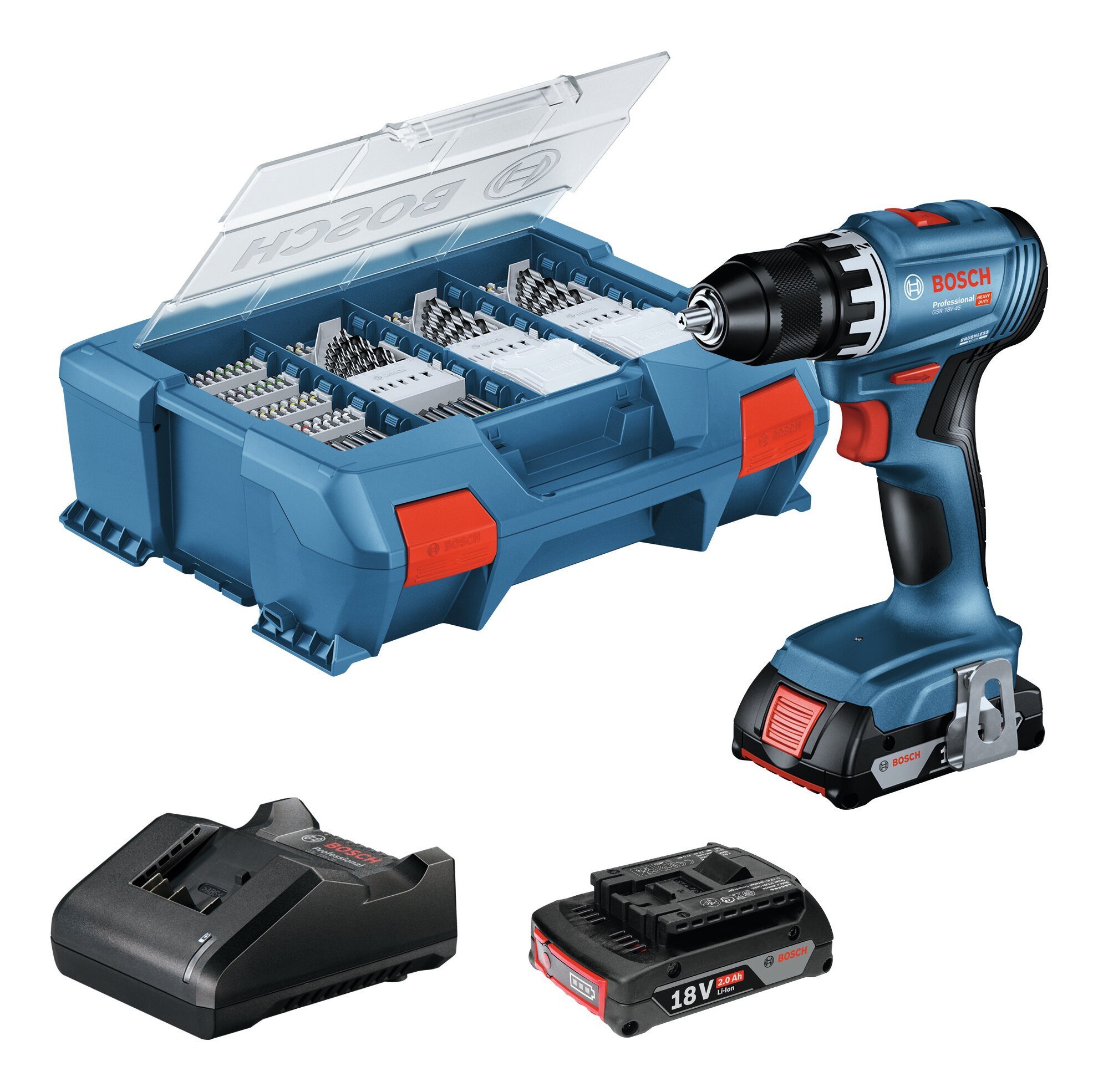BOSCH Akku-Bohrschrauber GSR 18V-45, 18 V, Mit 2x Akku 2 Ah - im L-Case Pick & Click