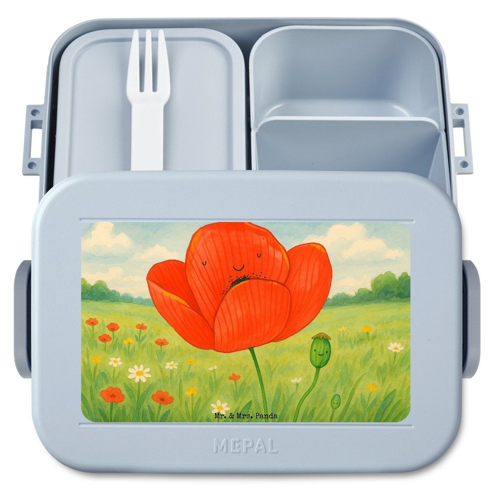 Mr. & Mrs. Panda Butterdose Blume Mohnblume Design, MEPAL Bentobox, Blau Pastell, Garten, Selbstl, Polypropylen lebensmittelecht, (Packung, 1-tlg)