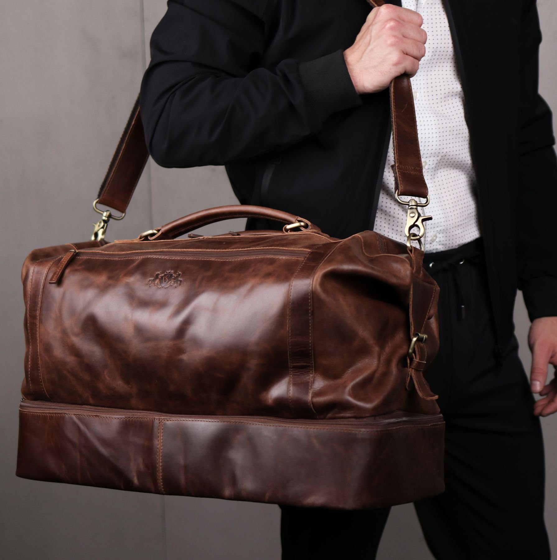 SID & VAIN Reisetasche echt Leder Weekender groß Ledertasche braun KINGSTON, Echtleder Reisegepäck für Damen & Herren, Sporttasche XL braun-cognac