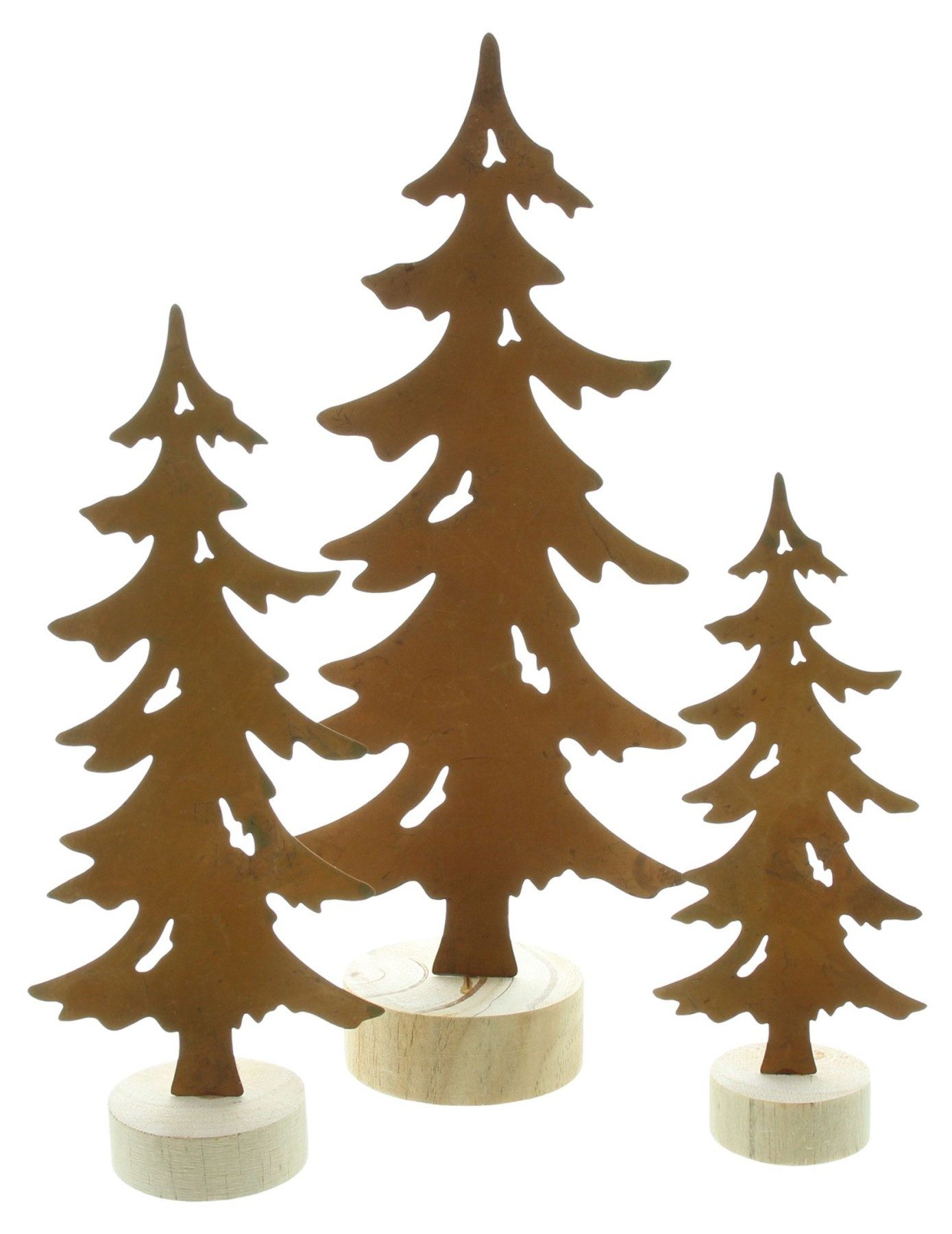 Dekofigur "Tanne" aus Metall mit Echtrost Finish, 18 + 23 + 30 cm, Holzsockel