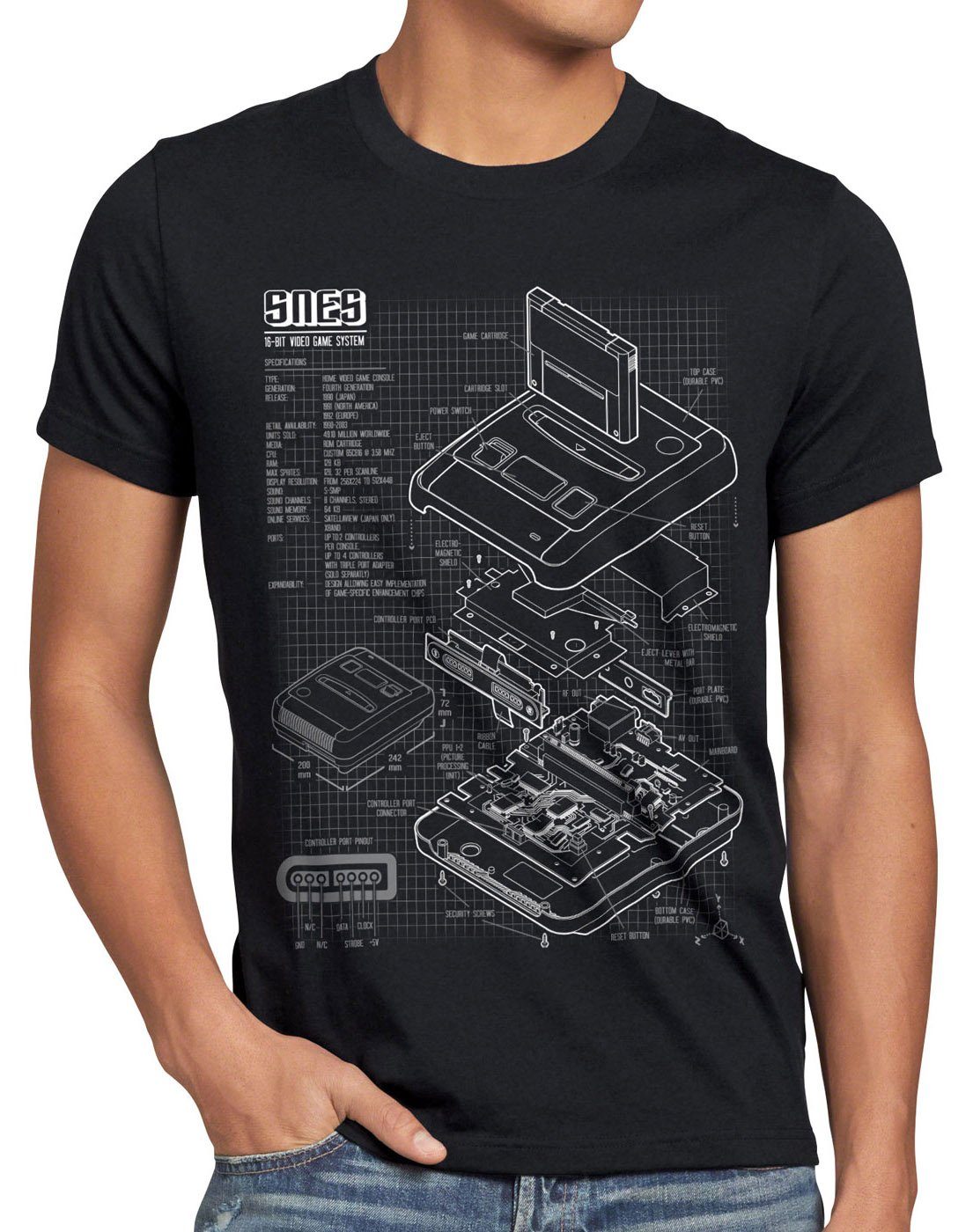 style3 Print-Shirt Herren T-Shirt SNES Blaupause 16-Bit Videospiel schwarz