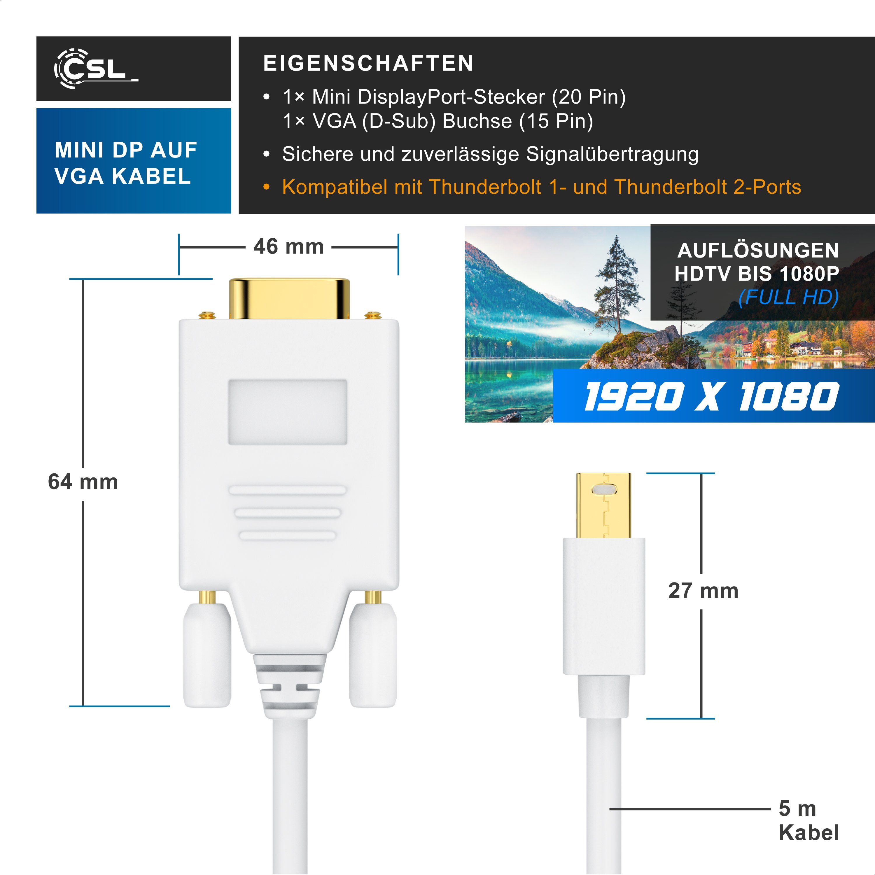 CSL Audio- & Video-Kabel, Mini Displayport, VGA, (500 cm), miniDP Monitor Adapter Kabel / Thunderbolt 1 & 2 kompatibel - 5m