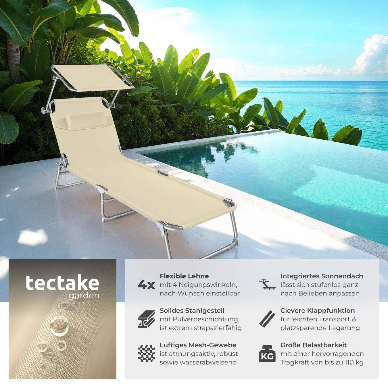 tectake Gartenliege Sonnenliege 4-stufig mit Kopfpolster, günstig online kaufen