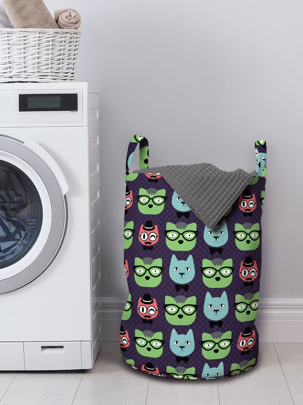für Geek Kordelzugverschluss mit Katzen-Köpfe Geek Wäschesäckchen Mode Waschsalons, Wäschekorb Abakuhaus Griffen