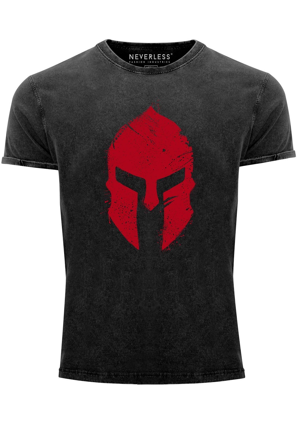 Neverless Print-Shirt Herren Vintage Shirt Print Sparta-Helm Aufdruck Gladiator Krieger Warr mit Print schwarz-rot