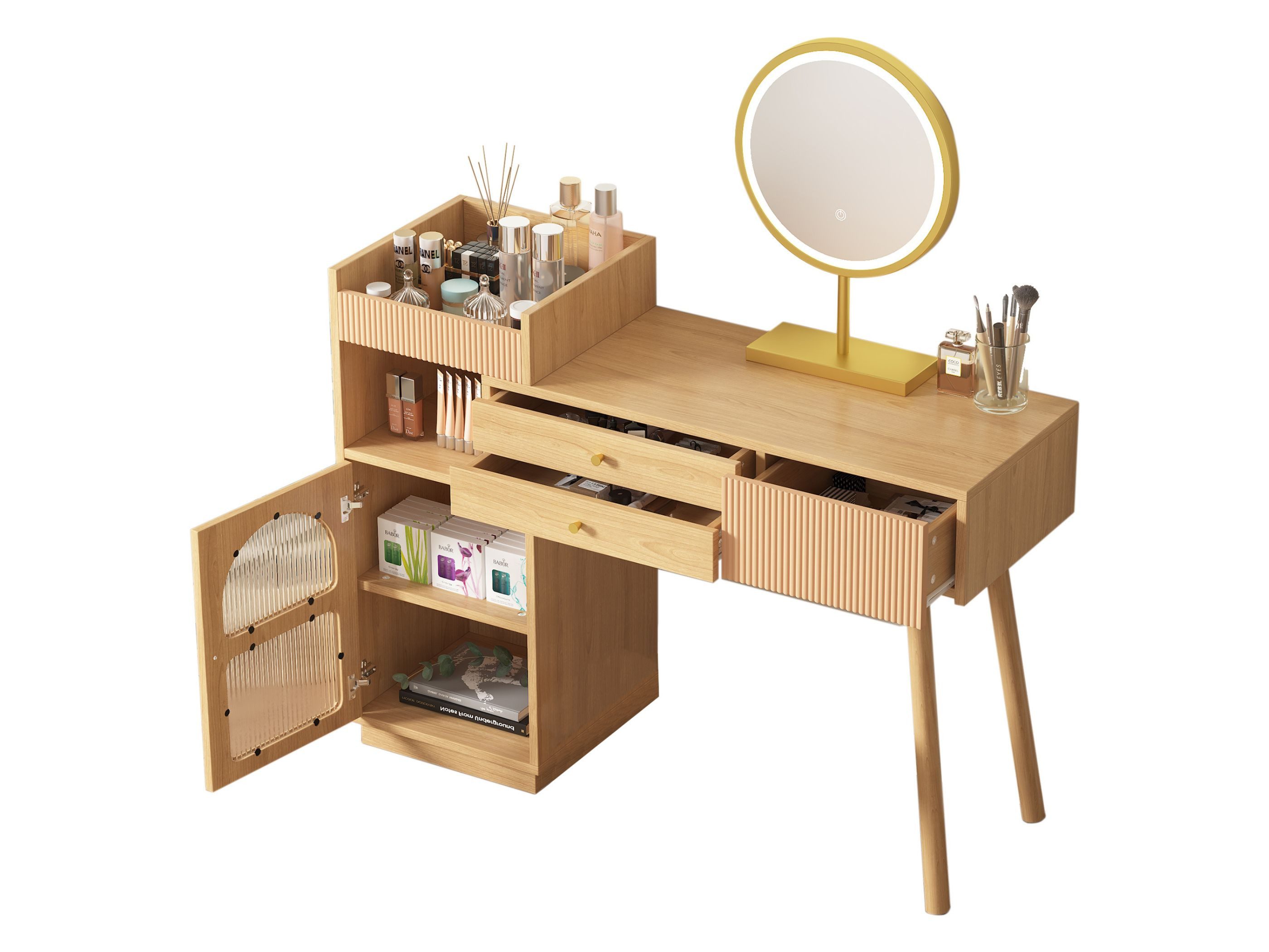 SeedWave Schminktisch mit Rundspiegel, verstellbare LED-Beleuchtung, 3 Schubladen & Schrank mit Rillenglastür, Vintage-Design