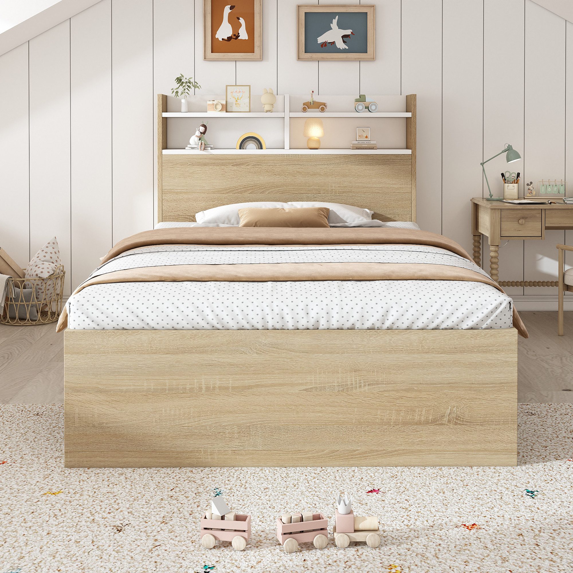 HAUSS SPOLE Polsterbett 90x190 mit Bettkasten,Jugendbett Holzbett mit Schubladen&Fächern (Holzbett, Funktionsbett, 1-tlg., mit Kopfteil-Ablage, 2 Schubladen & offenen Fächern), teilweise Massivholz, platzsparendes Stauraumbett (ohne Matratze)