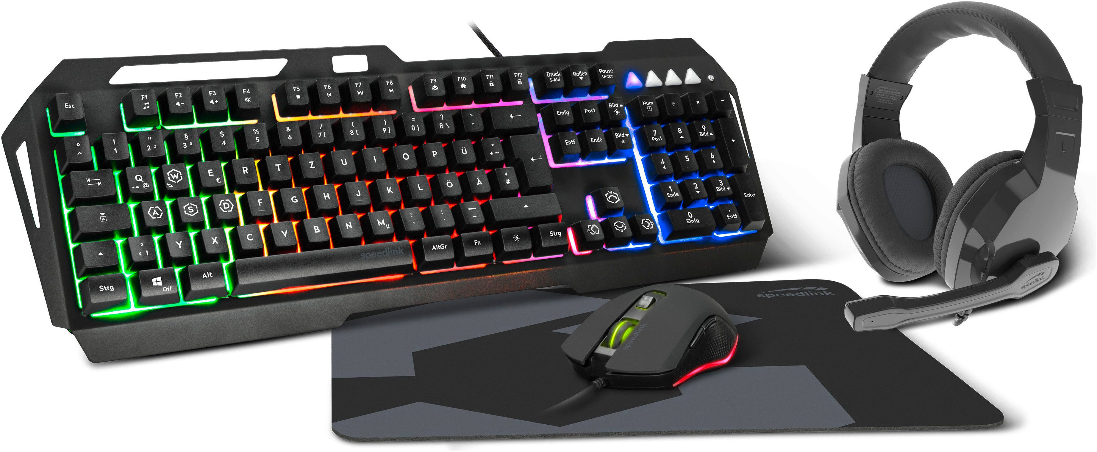 Speedlink LUNERA full black 4in1 RGB Gaming Set Tastatur, Headset, Maus, Mauspad Gaming-Tastatur (RGB Beleuchtung, Tastatur mit Metallrahmen, Headset Kabelfernbedienung)