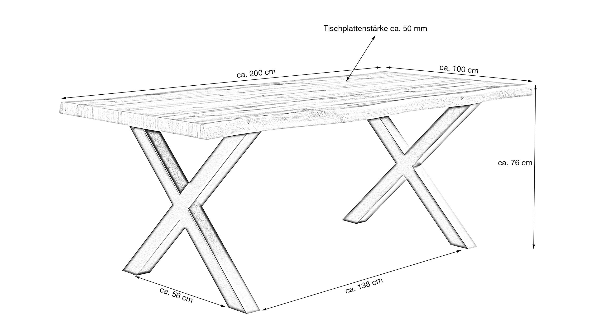 Metall Die Baumkantentisch gepulvert / Möbelfundgrube® Tischplatte schwarz X-Gestell / 200 cm mm 50 Baumkantenoptik Wildeiche, Industrial MARLON /