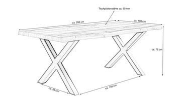 Die Möbelfundgrube® Baumkantentisch MARLON / Baumkantenoptik 200 cm Wildeiche, 50 mm Tischplatte / X-Gestell schwarz Metall gepulvert / Industrial