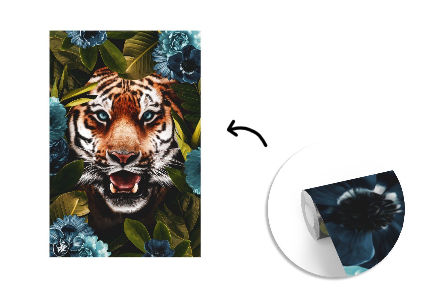 Matt, MuchoWow Wandtapete Tapete Montagefertig Vinyl St), Wohnzimmer, Fototapete - Tiger bedruckt, für (3 Blau, Blätter -
