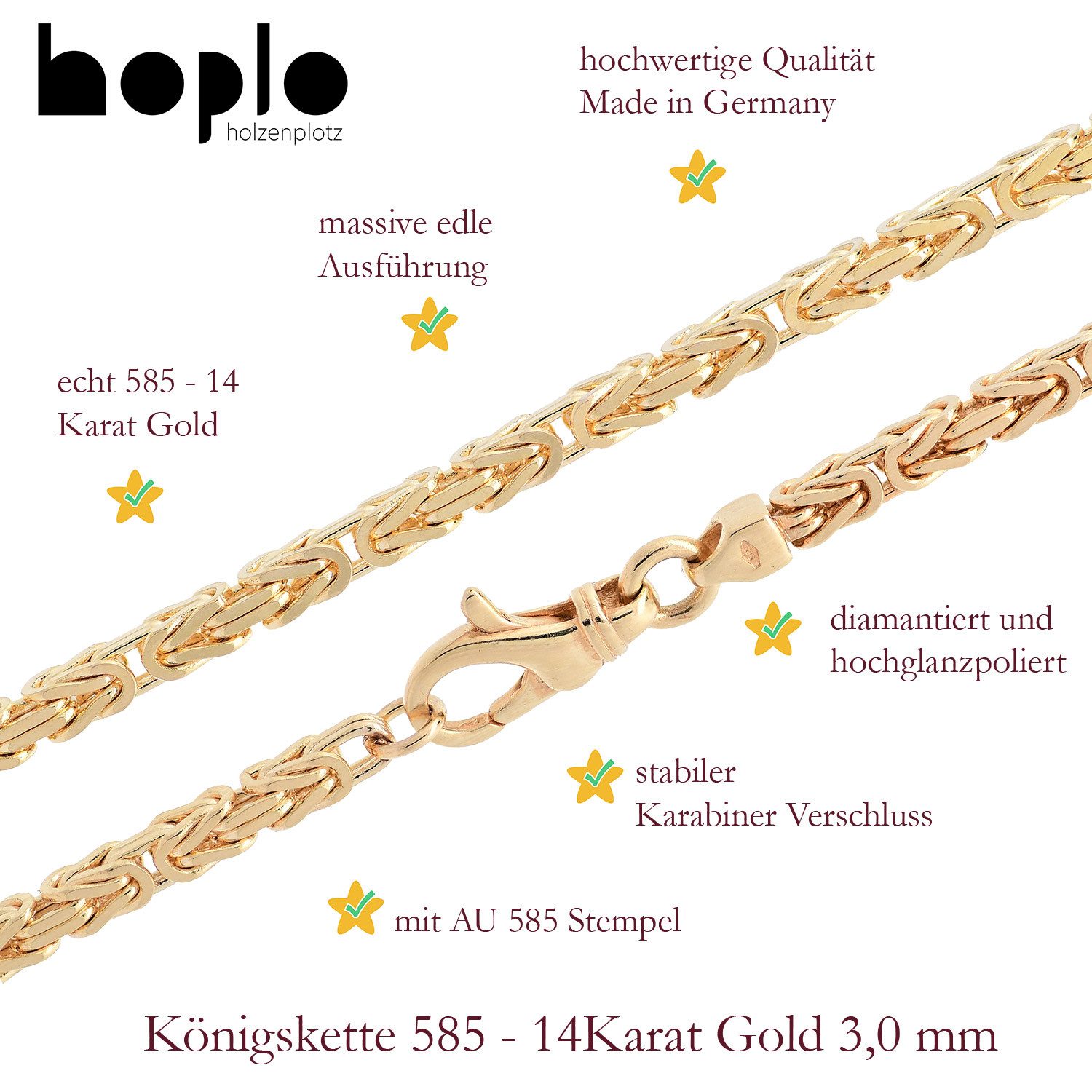 HOPLO Königskette Goldkette Königskette Länge 19cm - Breite 3,0mm - 585-14 Karat Gold, Made in Germany