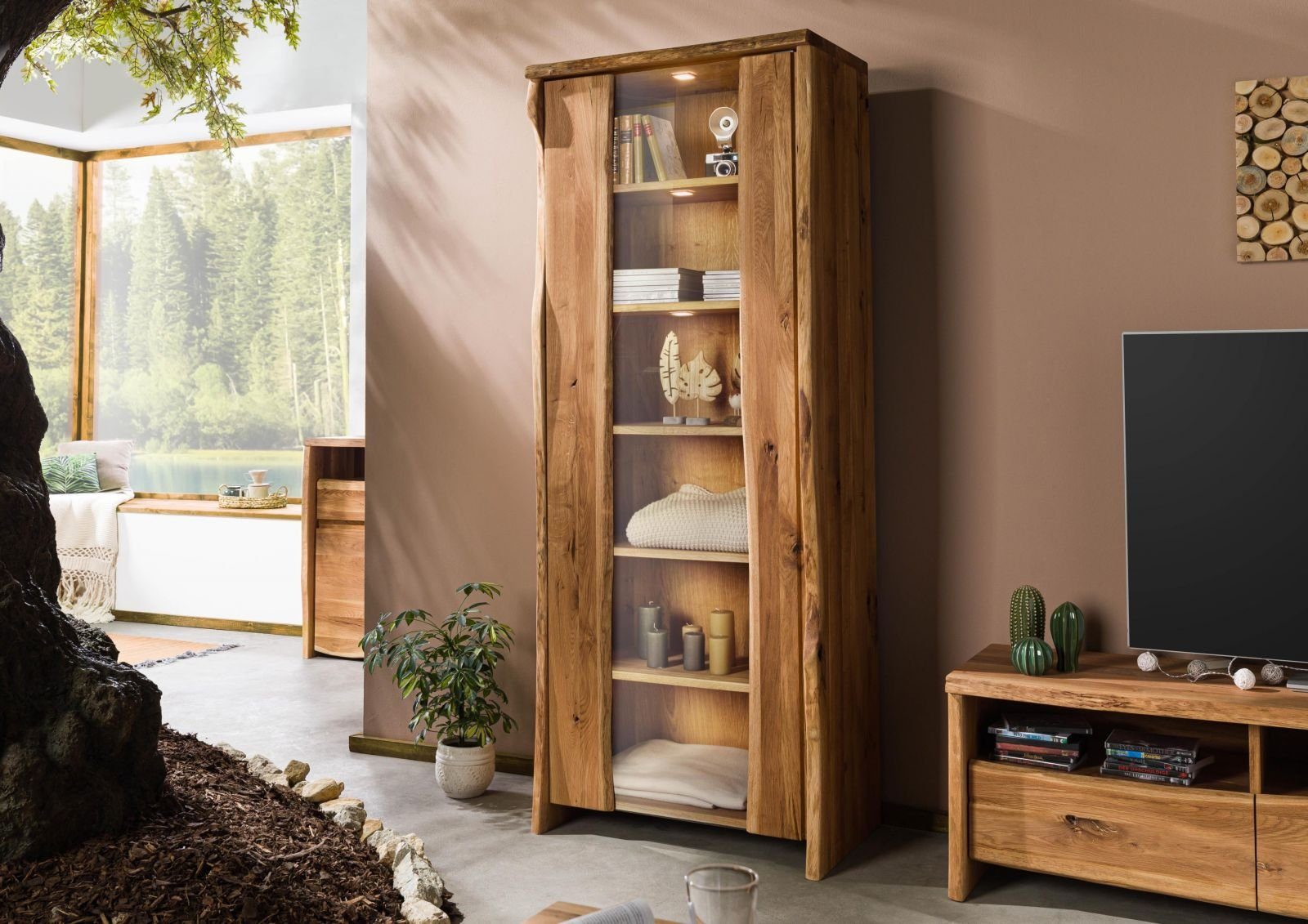 PURE Wildeiche natur Vitrine Standvitrine #107 81x45x204 Massivmoebel24 geölt OAK