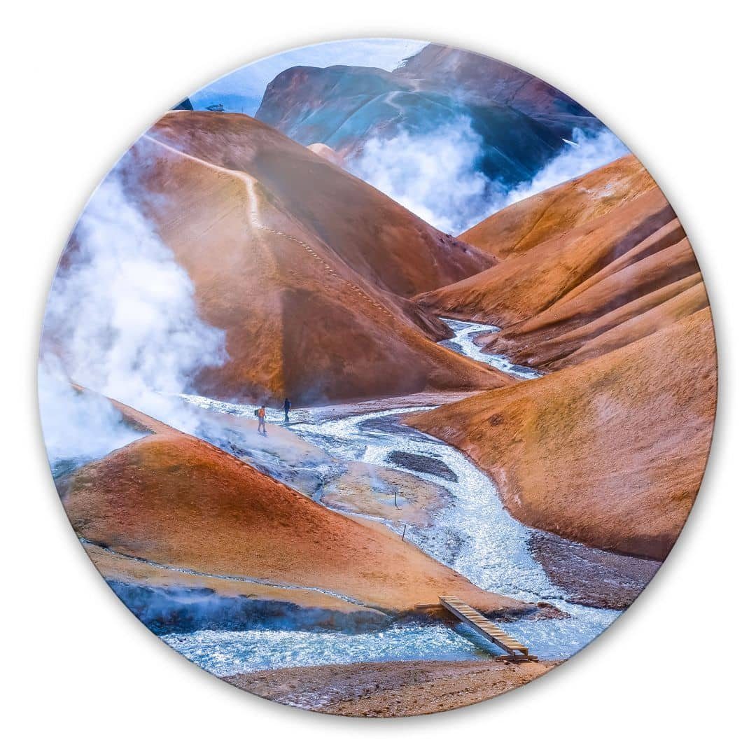 K&L Wall Art Glasbild Glas Wandbild Rund Glasbild Vulkan Gestein Bergland Island Natur, Wandschutz Deko Bilder