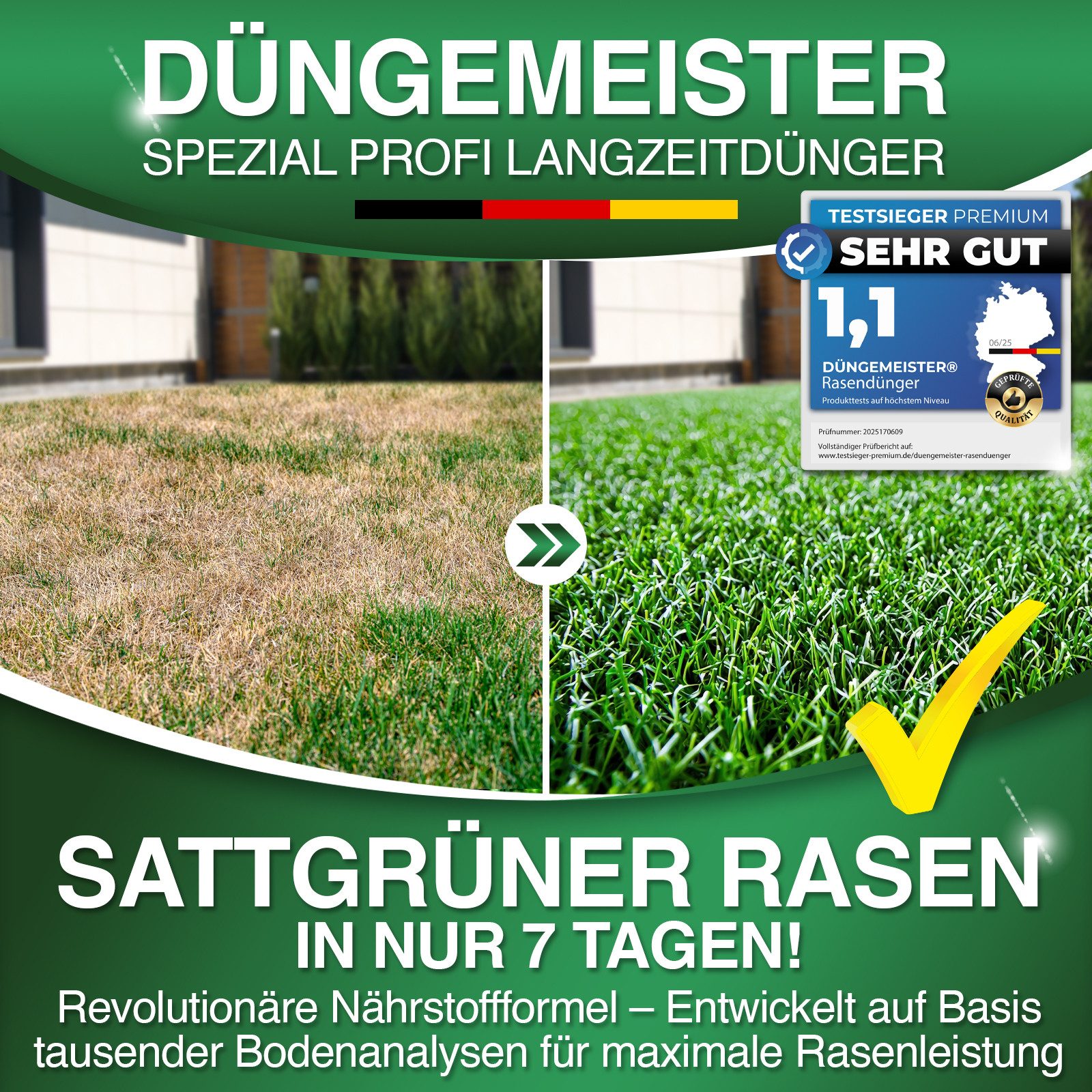 DÜNGEMEISTER Rasendünger Frühjahr/Sommer für sofort saftiges Grün, mit revolutionärer KI Formel - Langzeit NPK/Organisch