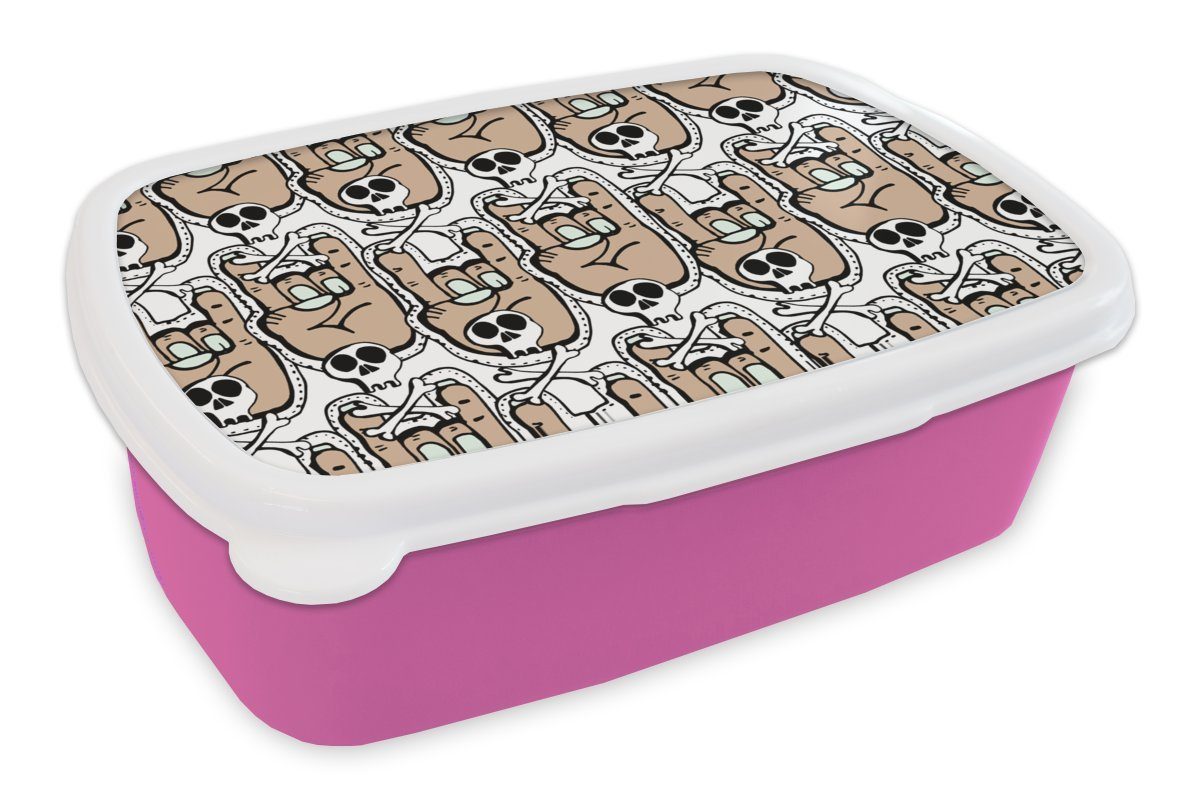 MuchoWow Lunchbox Teenager - Totenkopf - Hand - Muster, Kunststoff, (2-tlg), Brotbox für Erwachsene, Brotdose Kinder, Snackbox, Mädchen, Kunststoff rosa