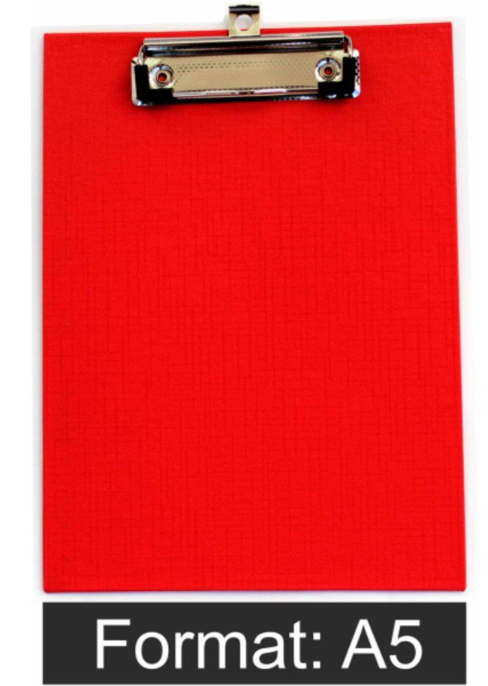 1-St., Klemmplatte Drahtbügelklemme leinengeprägt (Stück, aus Rot Klemmbrett PVC-Folien mit 1-Stück), Schreibplatte A5 d.rect Schreibmappe und Überzug Graupappe,