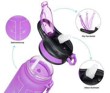 WISHDOR Trinkflasche Sport Wasserflasche Sportflasche Auslaufsicher 1 Liter BPA-Frei 1L, Zeitmarkierung und Strohhalm Fitness Outdoor Camping Fahrrad Wandern