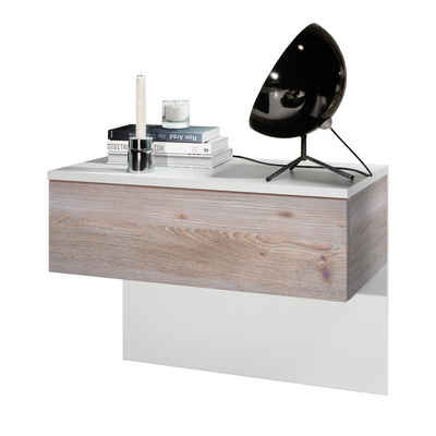 Vladon Nachttisch Sleep (Nachttischschrank, mit Schublade zur Wandmontage), Weiß matt/Eiche Nordic (60 x 46 x 35 cm)