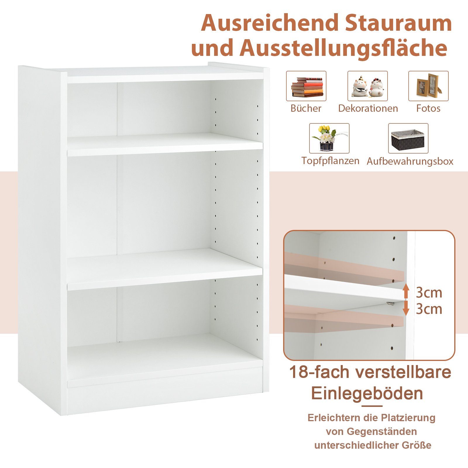COSTWAY Bücherregal, mit 3 Fächern & verstellbaren Regalen, 30x50x75cm