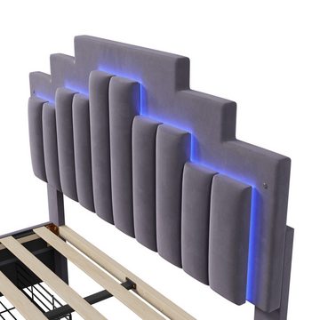 IDEASY Polsterbett Doppelbett, Jugendbett, 140 x 200 cm, mit LED-Licht, (4 Schubladen, höhenverstellbares Kopfteil, grau, Samtstoff), Matratze nicht im Lieferumfang enthalten