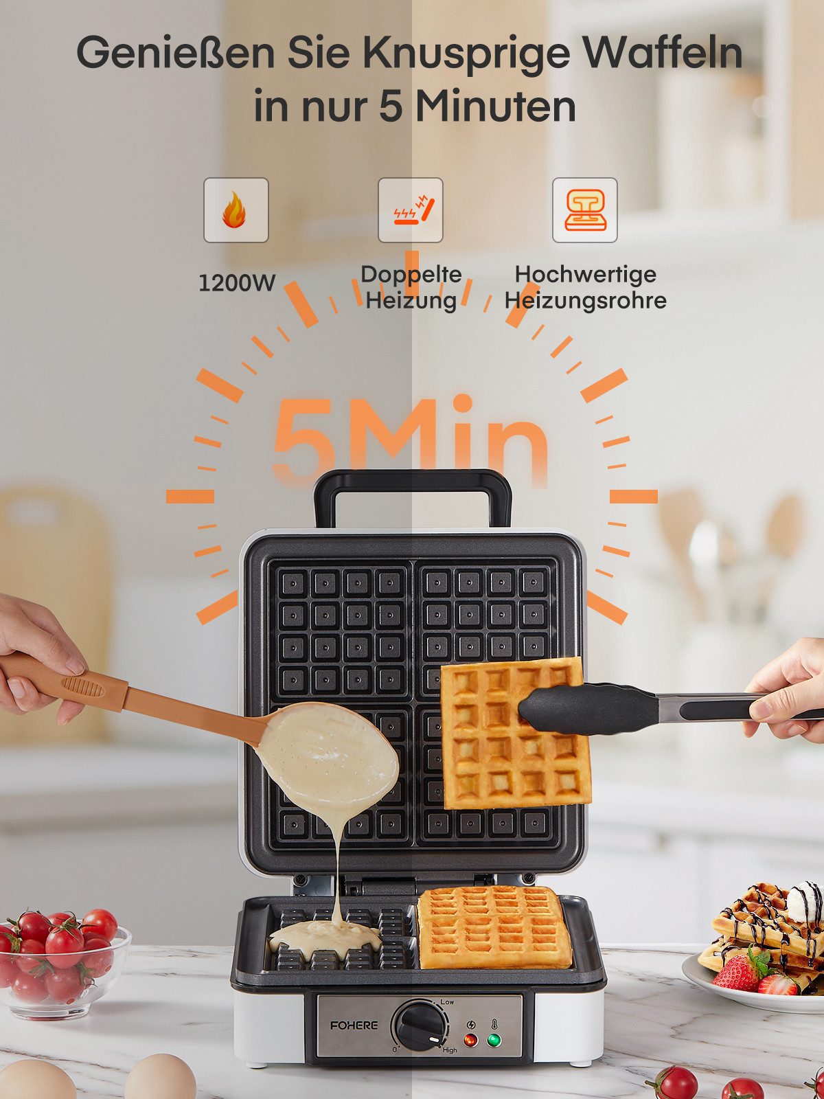 FOHERE Waffeleisen XXL 4er Waffeleisen, Paninigrill, Waffeltoaster mit Elektrogrill, 1200 W, sichere Cool-Touch-Technologie, individuelle Bräunungskontrolle