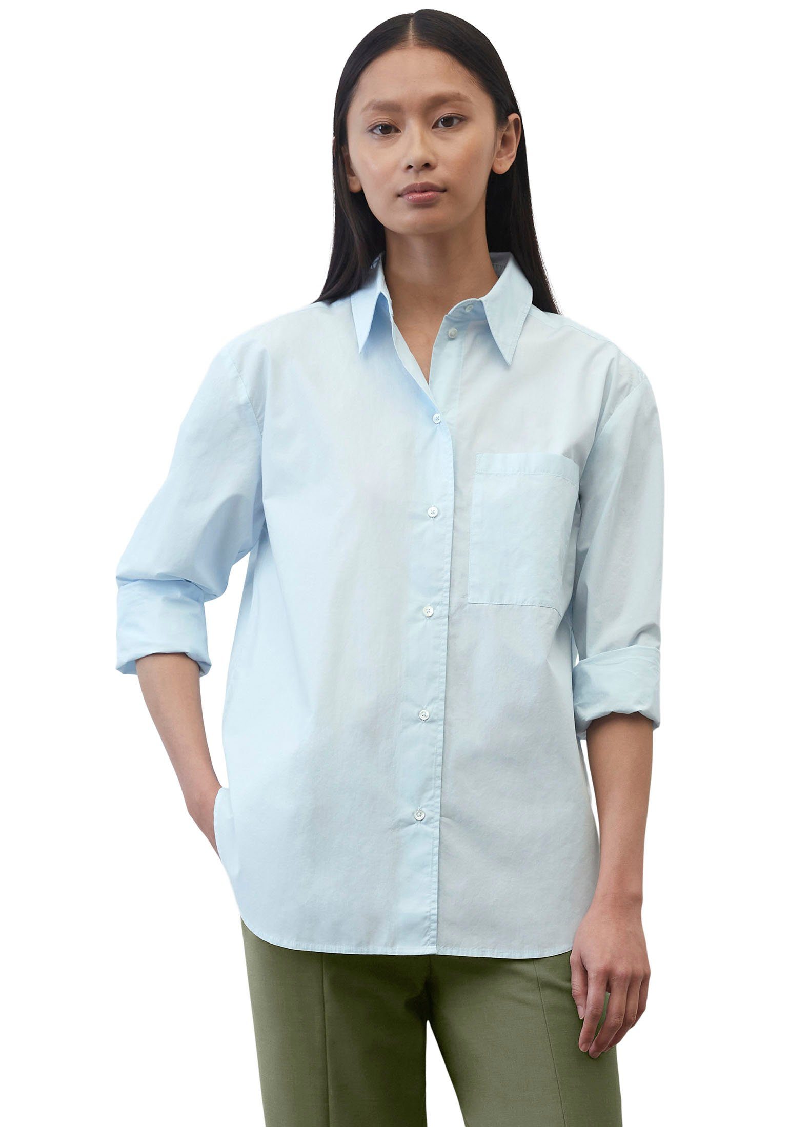 Blouse, mit long solid einer O'Polo Hemdbluse kent patched Marc sleeve, collar, pocket, Brusttasche hellblau aufgesetzten