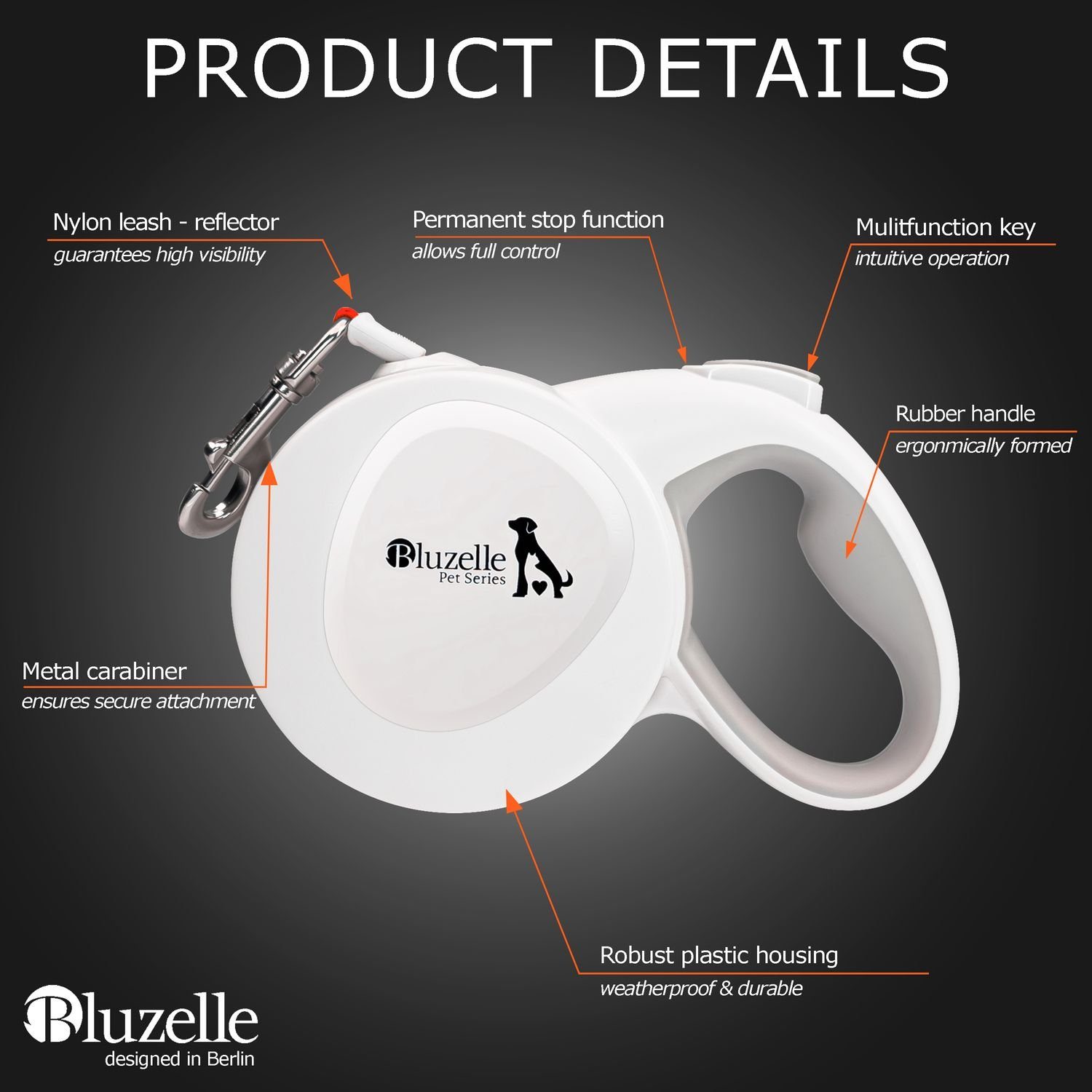 Bluzelle Rollleine, Nylon, Hundeleine für Hunde bis 50kg - 8m Rolleine mit Reflektor Gurt & Haken