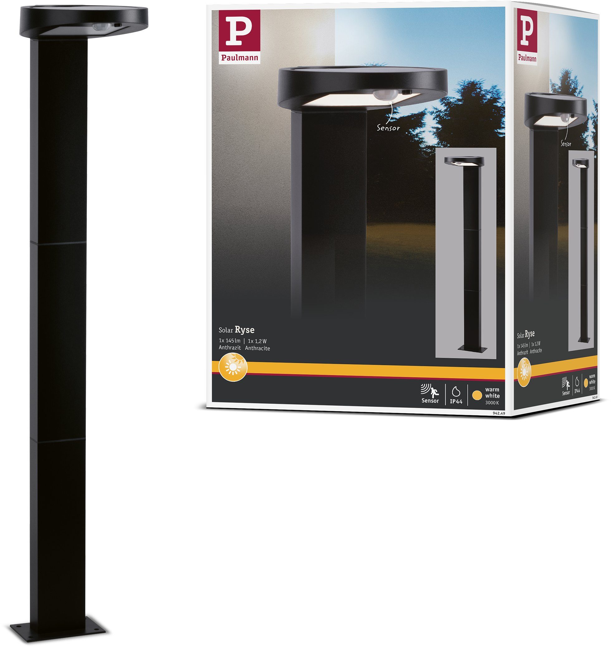 Paulmann LED Pollerleuchte Ryse, Bewegungsmelder, LED fest integriert, Warmweiß, LED-Modul | Pollerleuchten