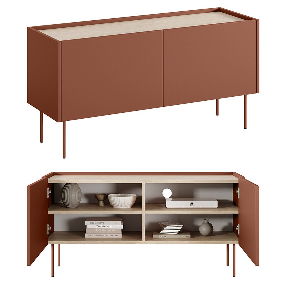 Lomadox Wohnzimmer-Set DELFT-141, (Mega-Spar-Set, 4-St., Couchtisch Highboard Lowboard Sideboard), in keramikrot und kaschmir mit Eiche, modern, grifflos