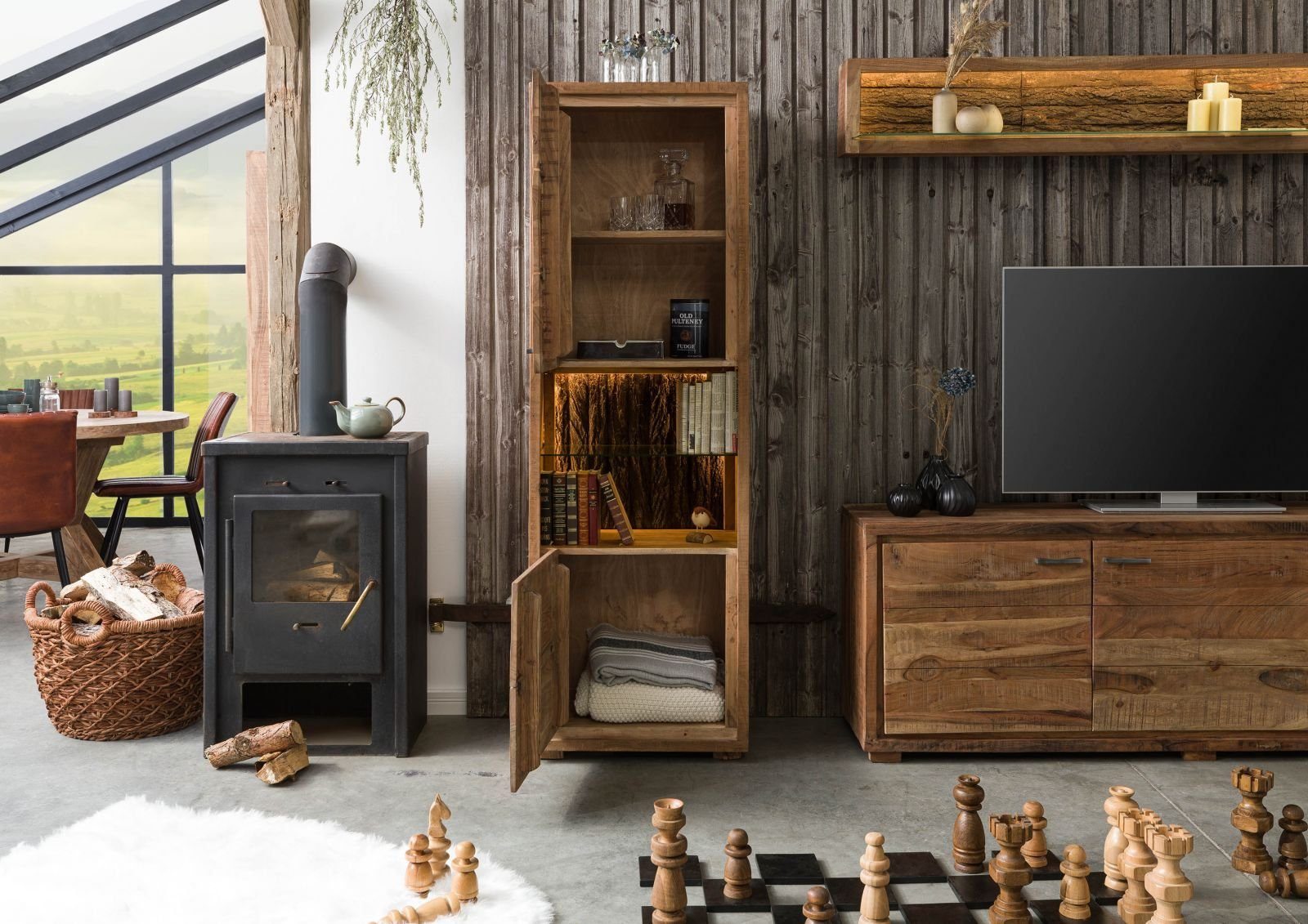 Massivmoebel24 Standvitrine BARK (Vitrine Akazie 58x40x180 natur lackiert BARK #102) Vitrine Akazie 58x40x180 natur lackiert BARK #102