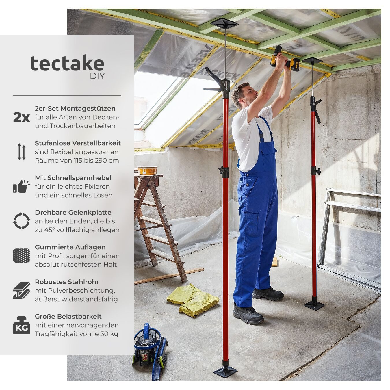 tectake Montageklemme 2er-Set Teleksopstützen, B: 8,00 cm, L: 20,00 cm, stufenlos höhenverstellbar