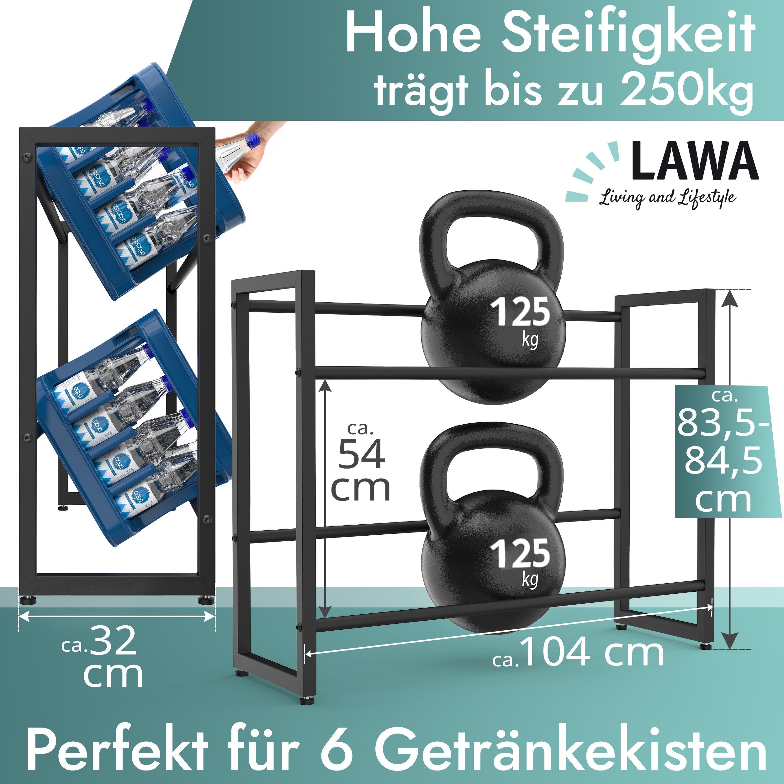 LAWA Living and Lifestyle Kastenständer Getränkeregal 6 Kästen höhenverstellbar Metall verzinkt schwarz, 83,5-84,5 x 104 x 32, pulverbeschichtet, Flaschenkistenregal, Standregal für Wasserkisten
