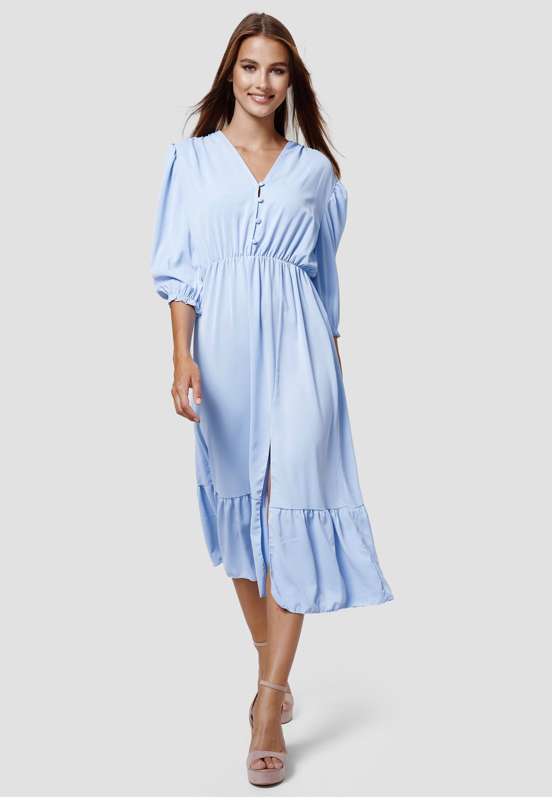 Rayshyne Sommerkleid RS15 (Romantisches Kleid mit Rüsche und Schlitz) Blau