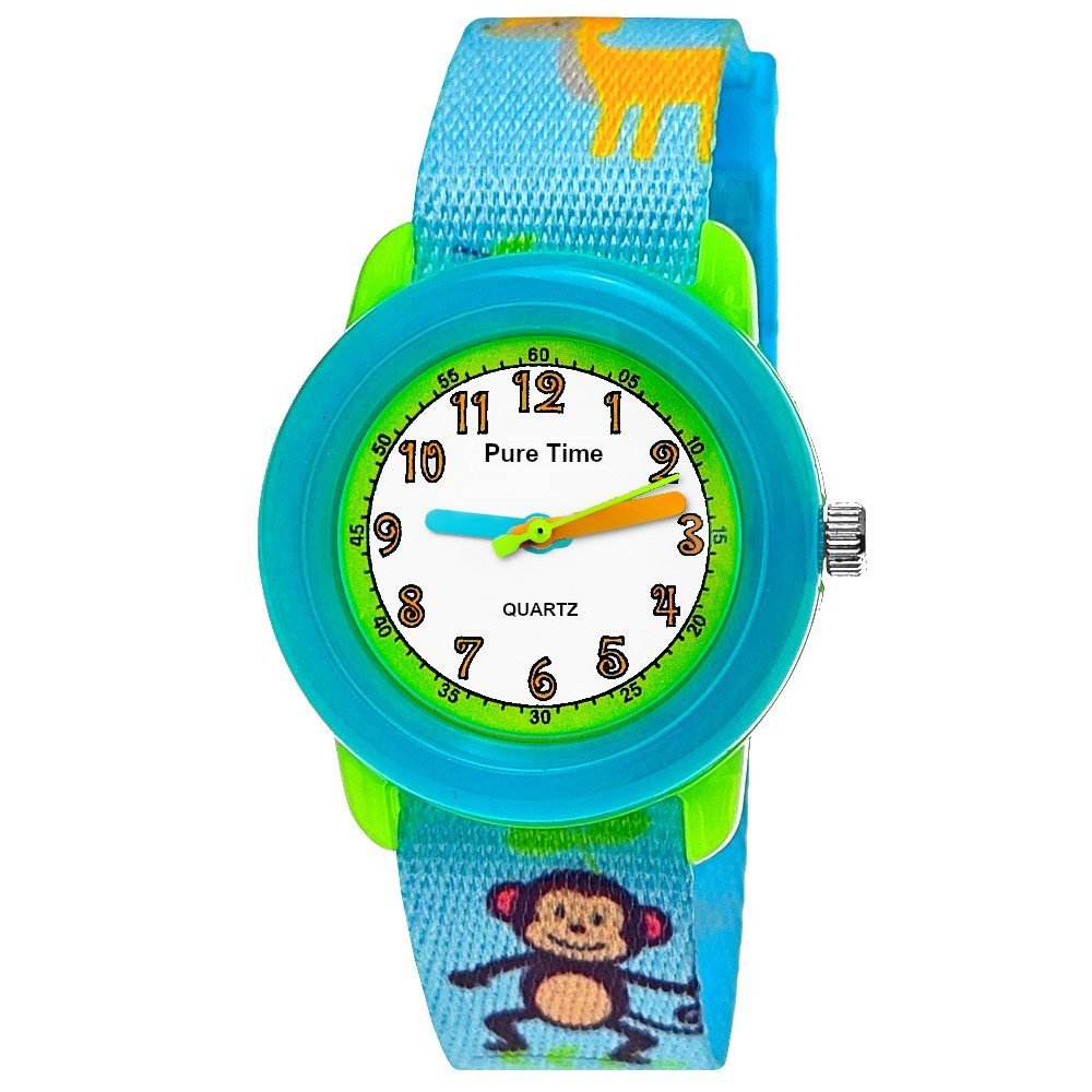 Pure Time Quarzuhr Tiere Kinder Textil Armbanduhr, Kinderuhr in hell blau, grün & weiß | Quarzuhren