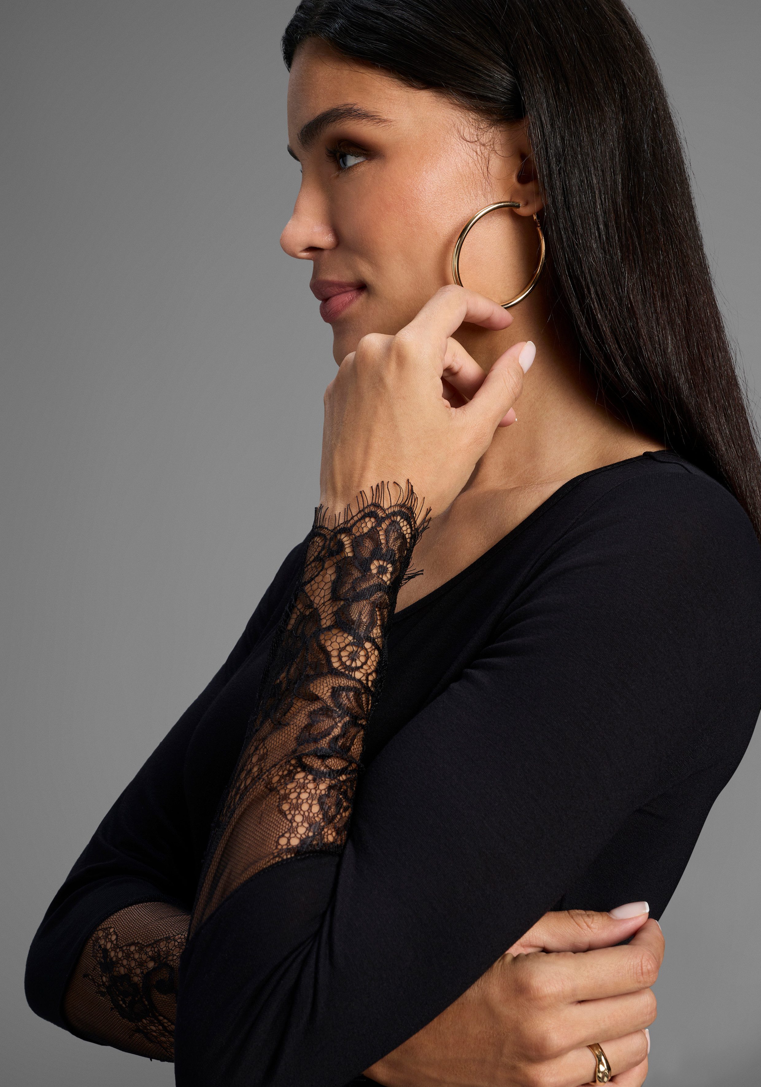 Melrose Langarmshirt taillierte Passform, aus Jersey und Spitze