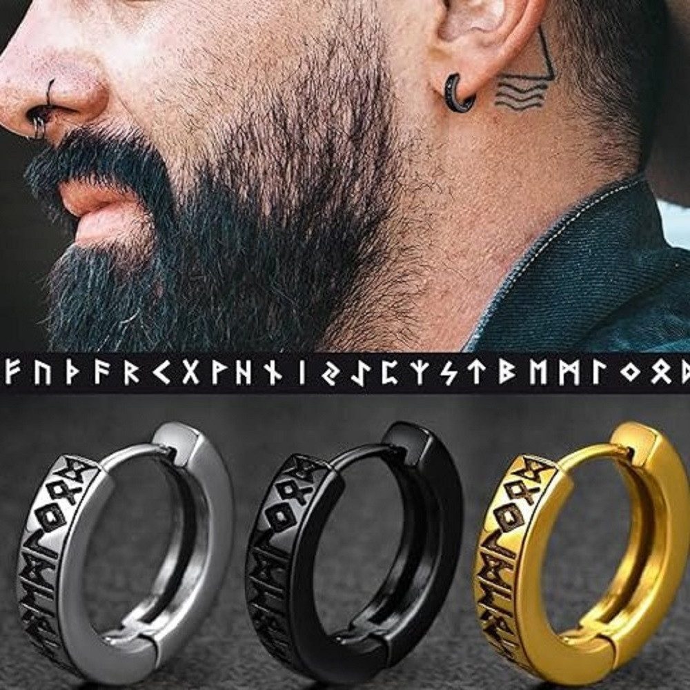RAIKOU Lederband Männer Kette / Ohring mit Runen Anhänger Edelstahl Mobius Rund, Wikinger Schmuck