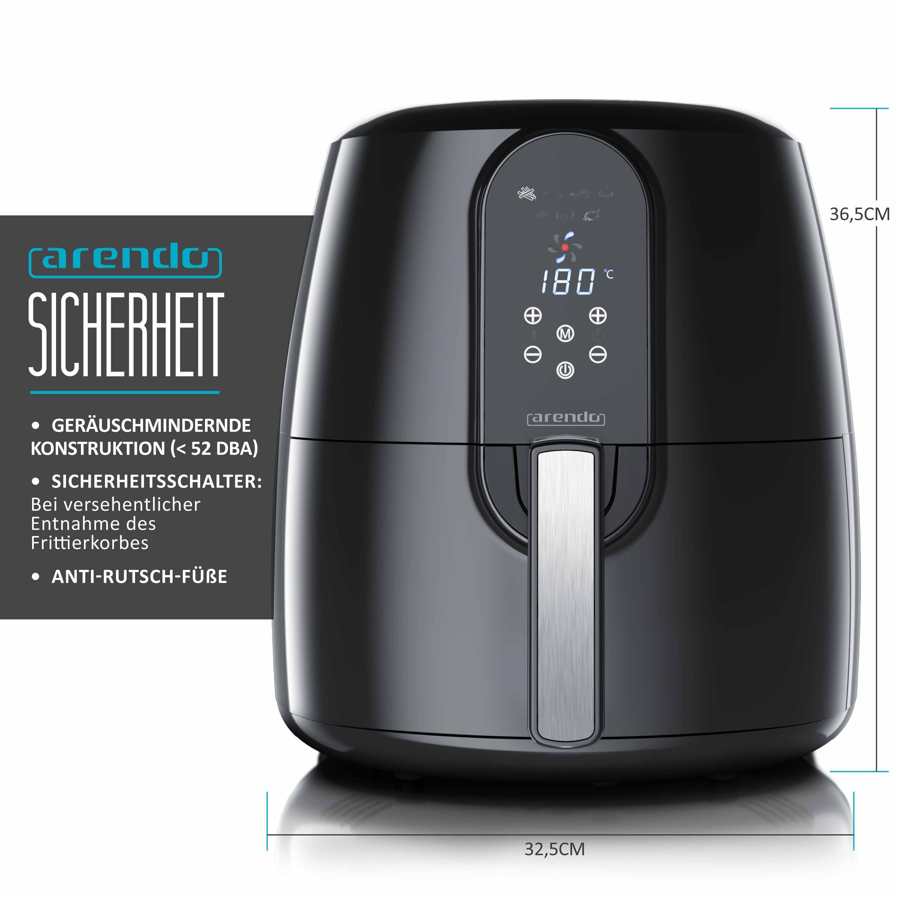 Arendo Heißluftfritteuse XXL Airfryer 5,2 Liter, bis 200 Grad, 3D Umluftsystem, Display, 1800 W, Fritteuse, Heissluftfritteuse, Frittieren ohne Öl, Timer, 7 Programme