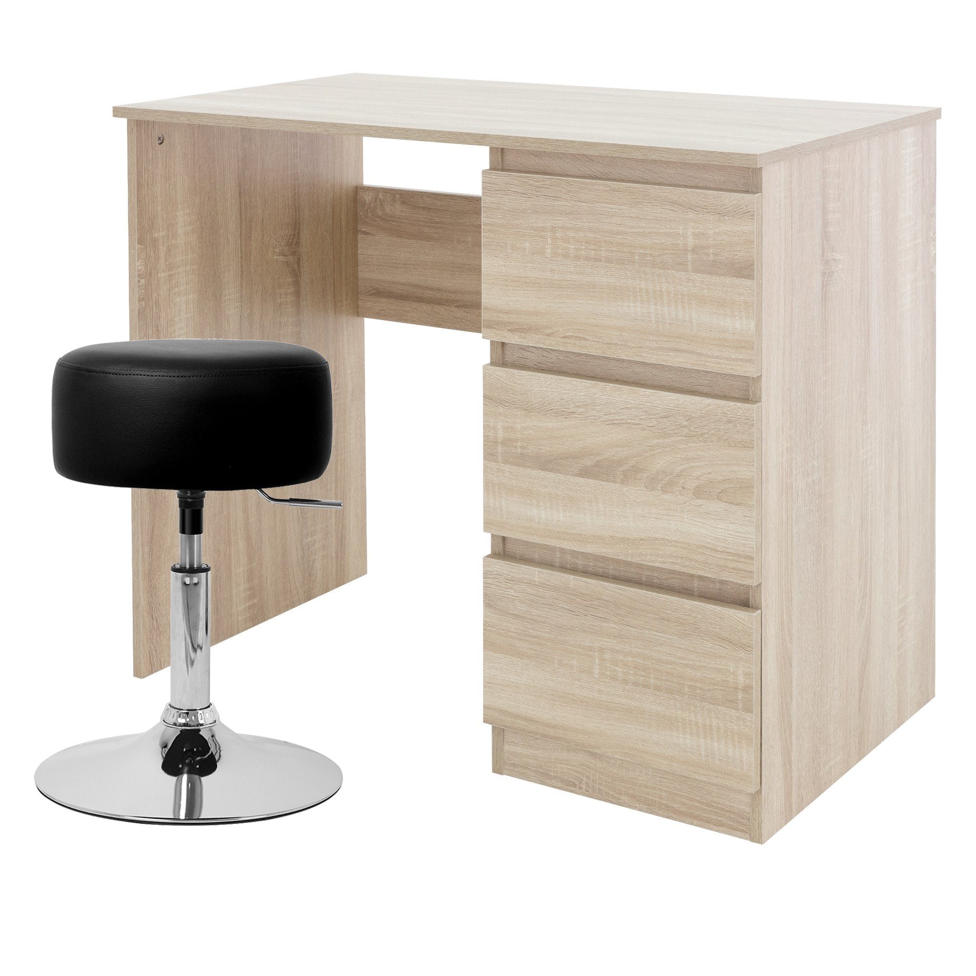 ML-DESIGN Schreibtisch Bürotisch mit 3 Schubladen aus Holz PC Tisch, Schreibtisch Natur 90x76x50 mit Barhocker Schwarz PC modern