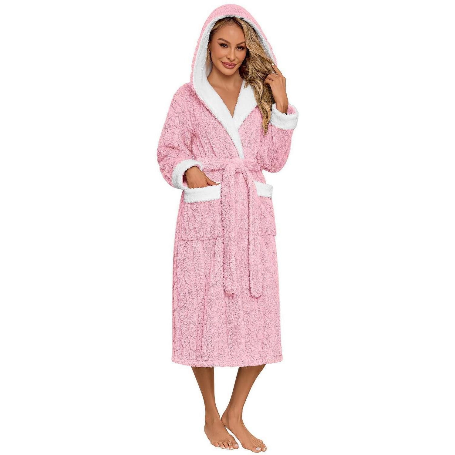 LuxusKollektion Damenbademantel Bademantel Damen Kapuze Plüsch Lang Rosa, Textil, Kapuze