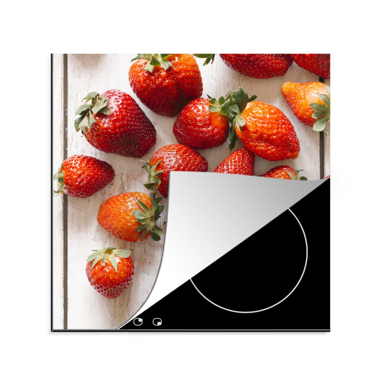 78x78 Herdblende-/Abdeckplatte Obst küche Arbeitsplatte für MuchoWow tlg), Vinyl, - (1 Ceranfeldabdeckung, Erdbeere - cm, Tisch,
