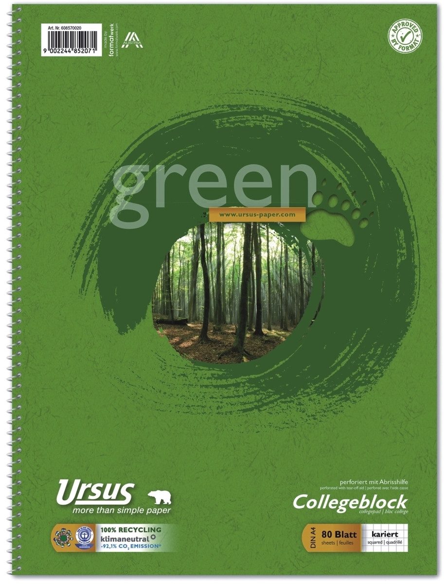 Ursus - Ludwig Bähr Notizblock Kollegblock green A4 70g/qm kariert Lineatur 22 VE=80 Blatt