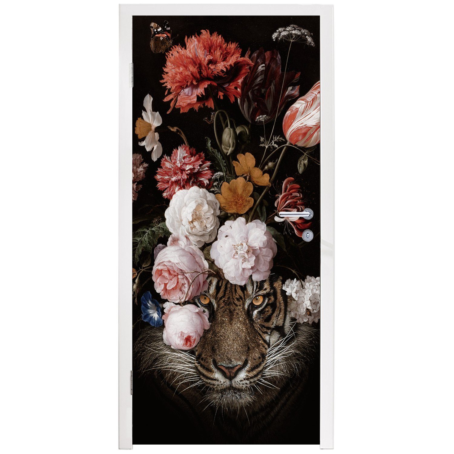 Tür, Alte, Blumen Tiger MuchoWow Matt, (1 für - Davidsz St), Heem Fototapete - de - Stillleben Gemälde - Jan Türtapete Türaufkleber, 75x205 - cm bedruckt,