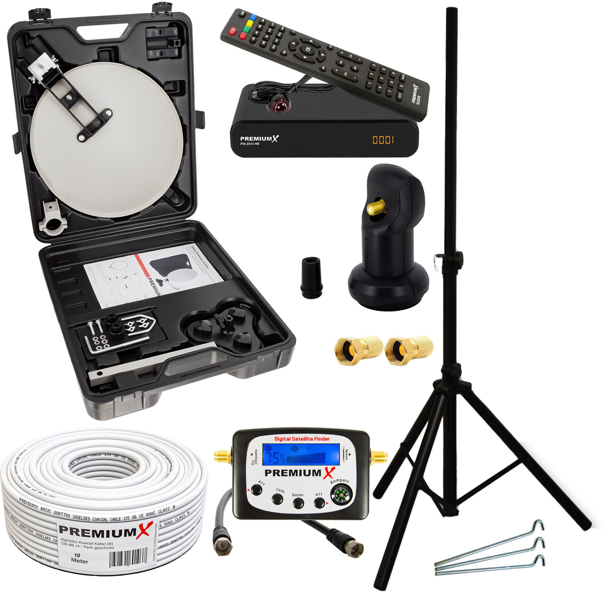 Camping SAT Anlage Receiver Satelliten-Finder LNB Kabel Koffer Stativ SAT-Antenne
