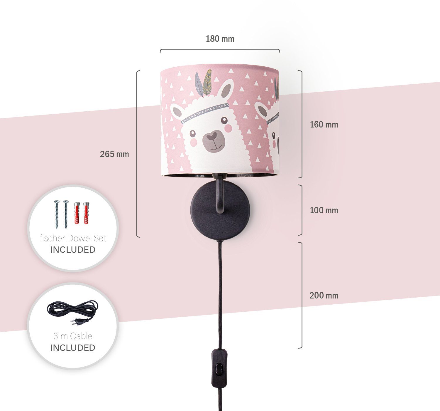 Paco Home ohne Kabel E14 Lama Wandlampe Ela Wandleuchte Kinderlampe 214, Grau Leuchtmittel, Mit 3m Schalter Ø…18cm Rosa