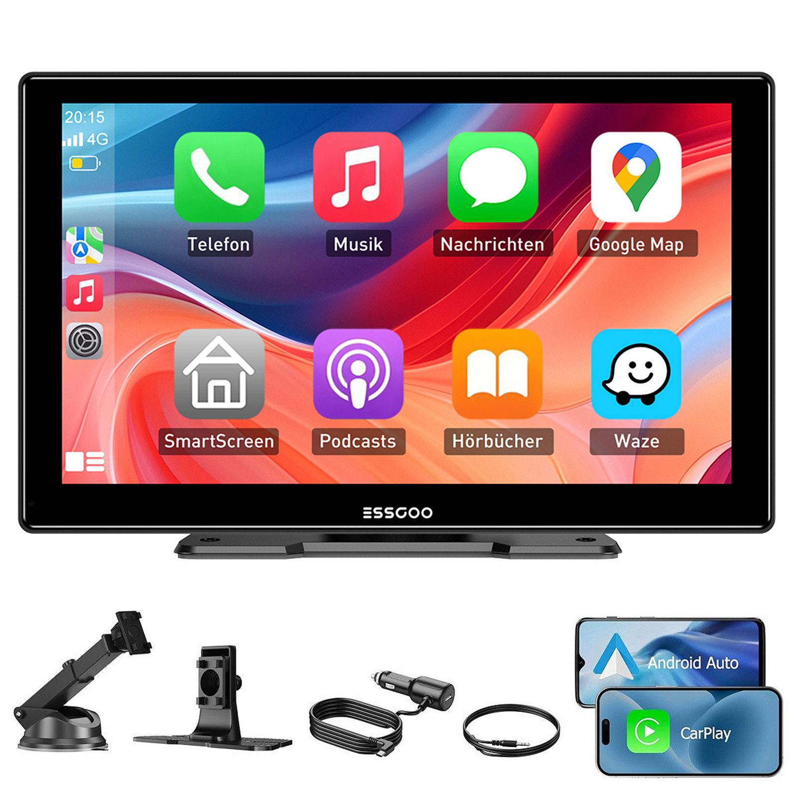 ESSGOO CarPlay Android Auto Autoradio IPS Touchscreen Tragbares Drahtloses Navigationsgerät (Touchscreen GPS Navi Tragbar Autoradio Bluetooth Rückfahrkamera)